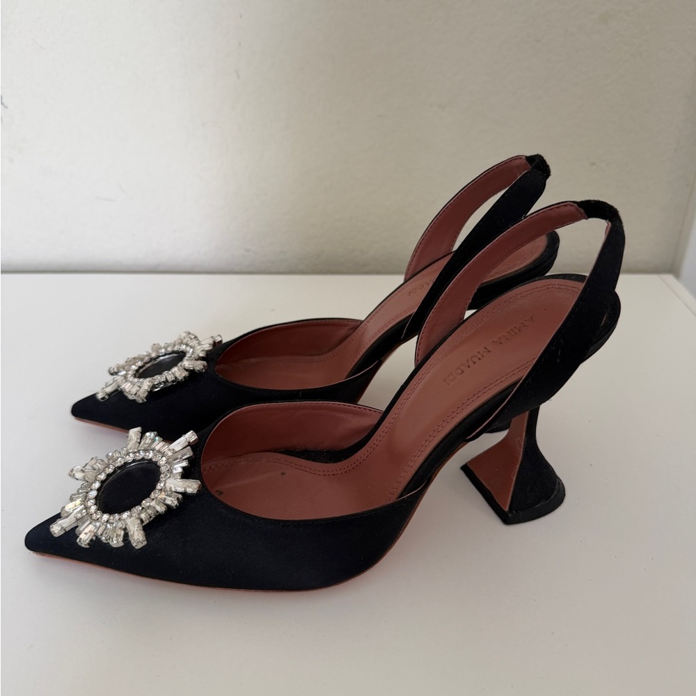 Amina Muaddi Black Crystal Sunburst Slingback Pumps - Picture 3 of 11